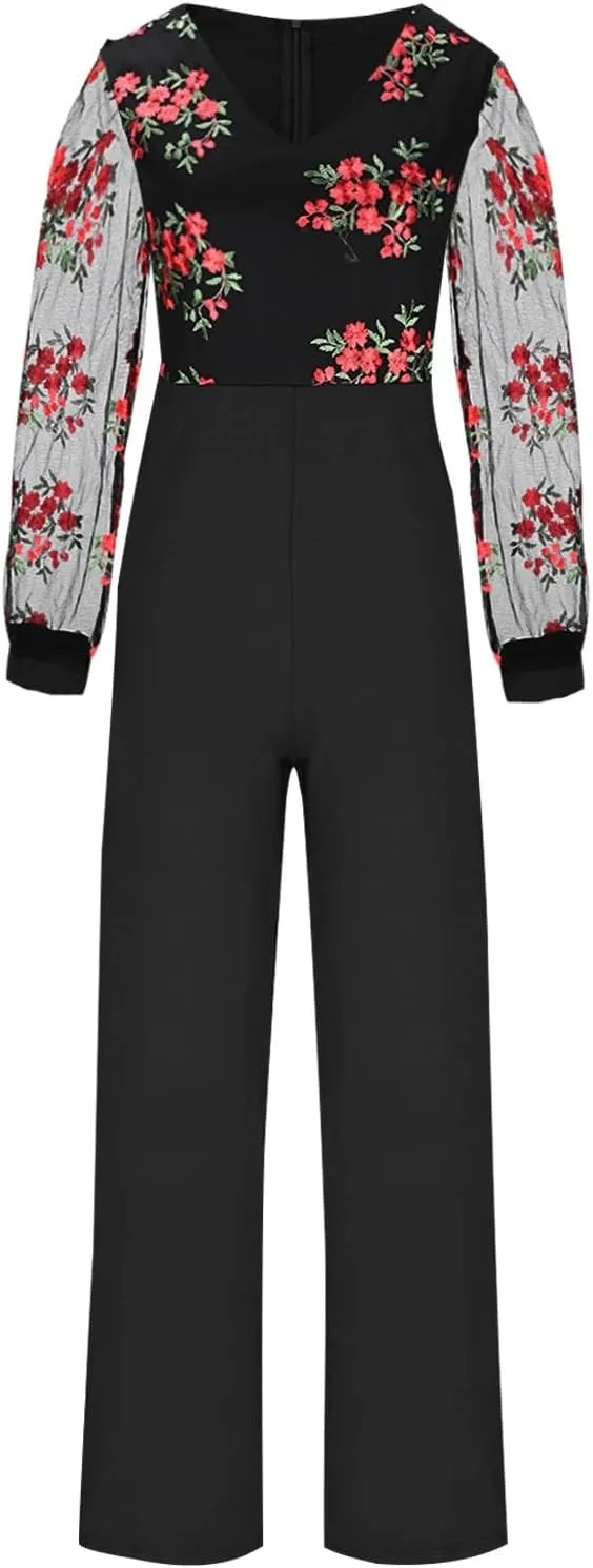 HGps8w Jumpsuits for Women Dressy Embroidery Mesh V Neck High Waisted Formal Elegant Busineess Long Pants Rompers