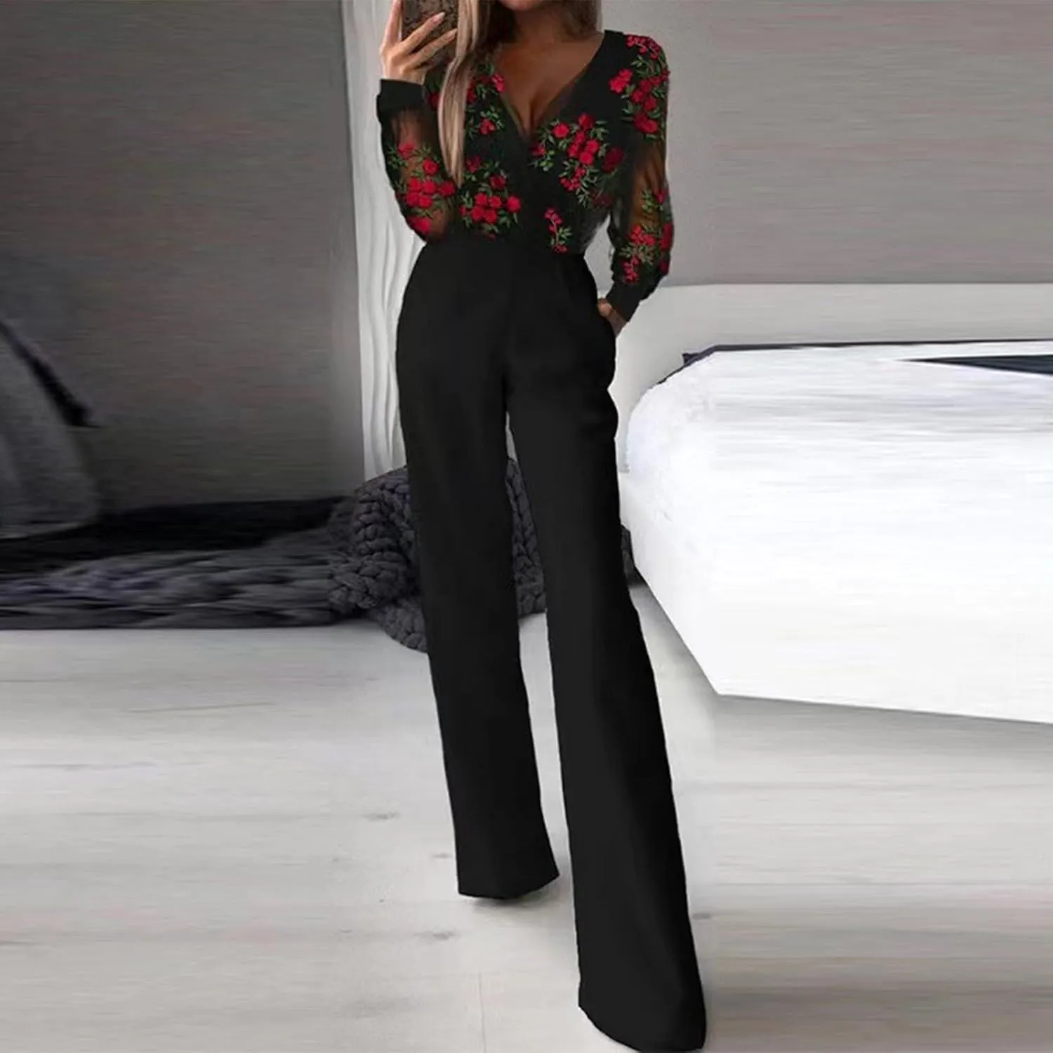 HGps8w Jumpsuits for Women Dressy Embroidery Mesh V Neck High Waisted Formal Elegant Busineess Long Pants Rompers