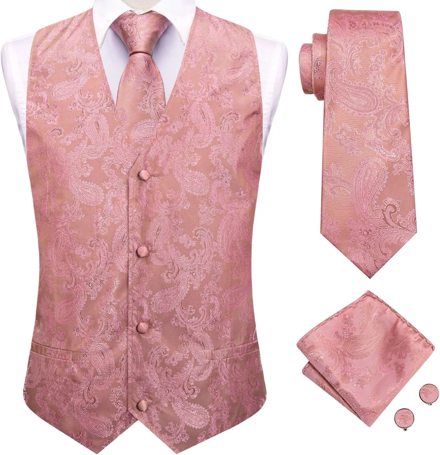 Hi-Tie Men's Silk Suit Vest Formal Vest for Men V Neck Jacquard Tie Handkerchief Cufflinks 4PCS Suits