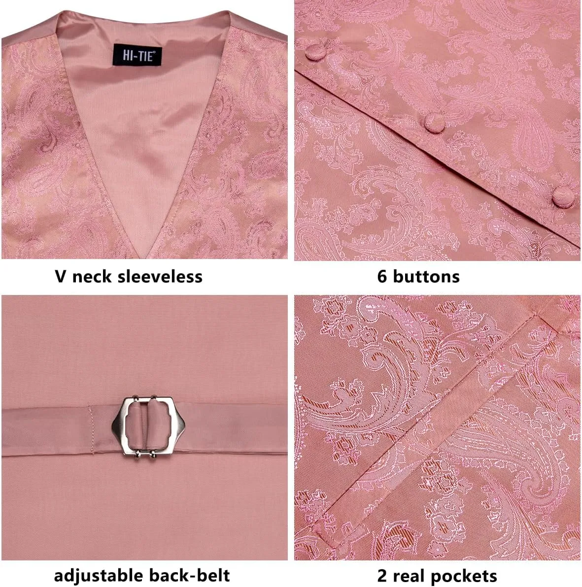 Hi-Tie Men's Silk Suit Vest Formal Vest for Men V Neck Jacquard Tie Handkerchief Cufflinks 4PCS Suits