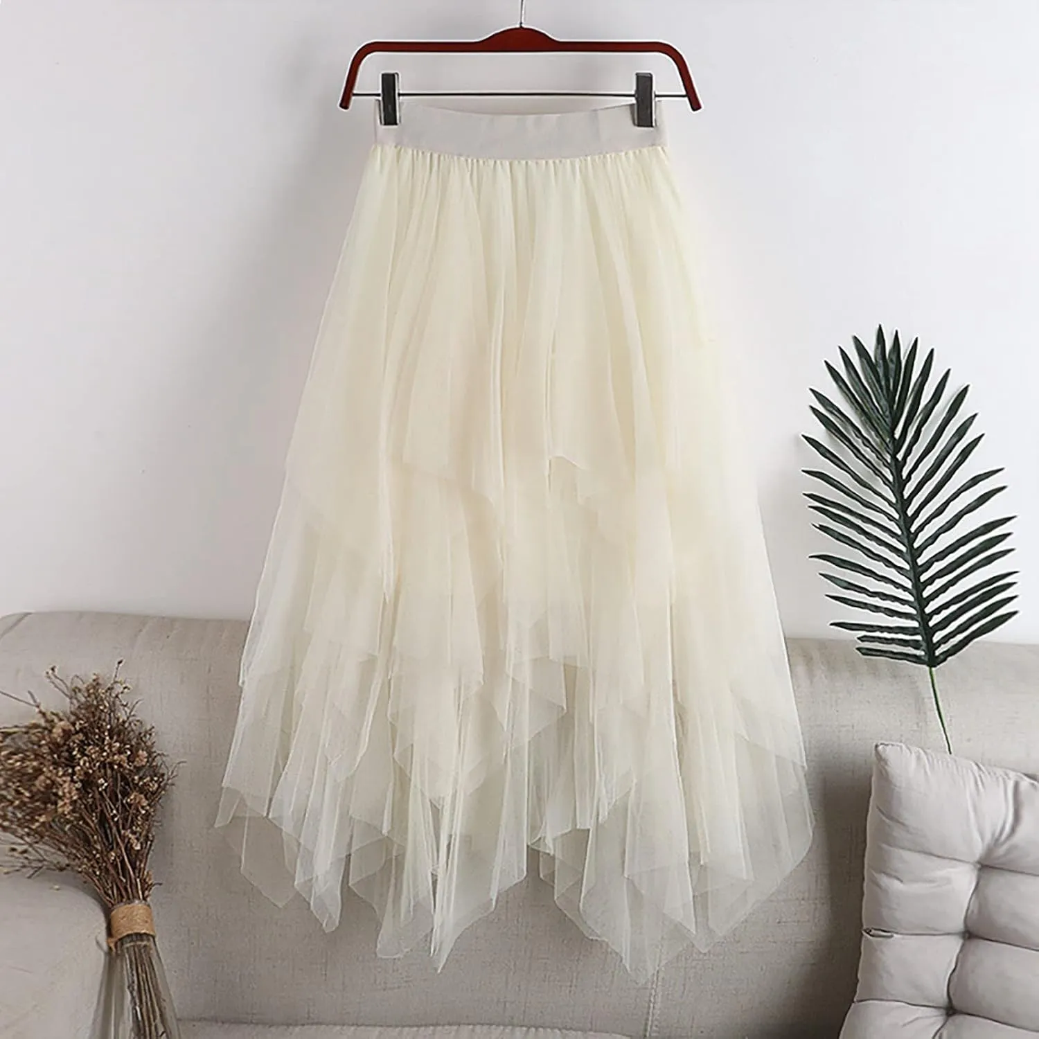 High Low Tulle Skirt Women Mesh Layered Pleated Fairy Dress Asymmetrical A-Line Midi Skirt Plus Size Y2K Witch Skirt