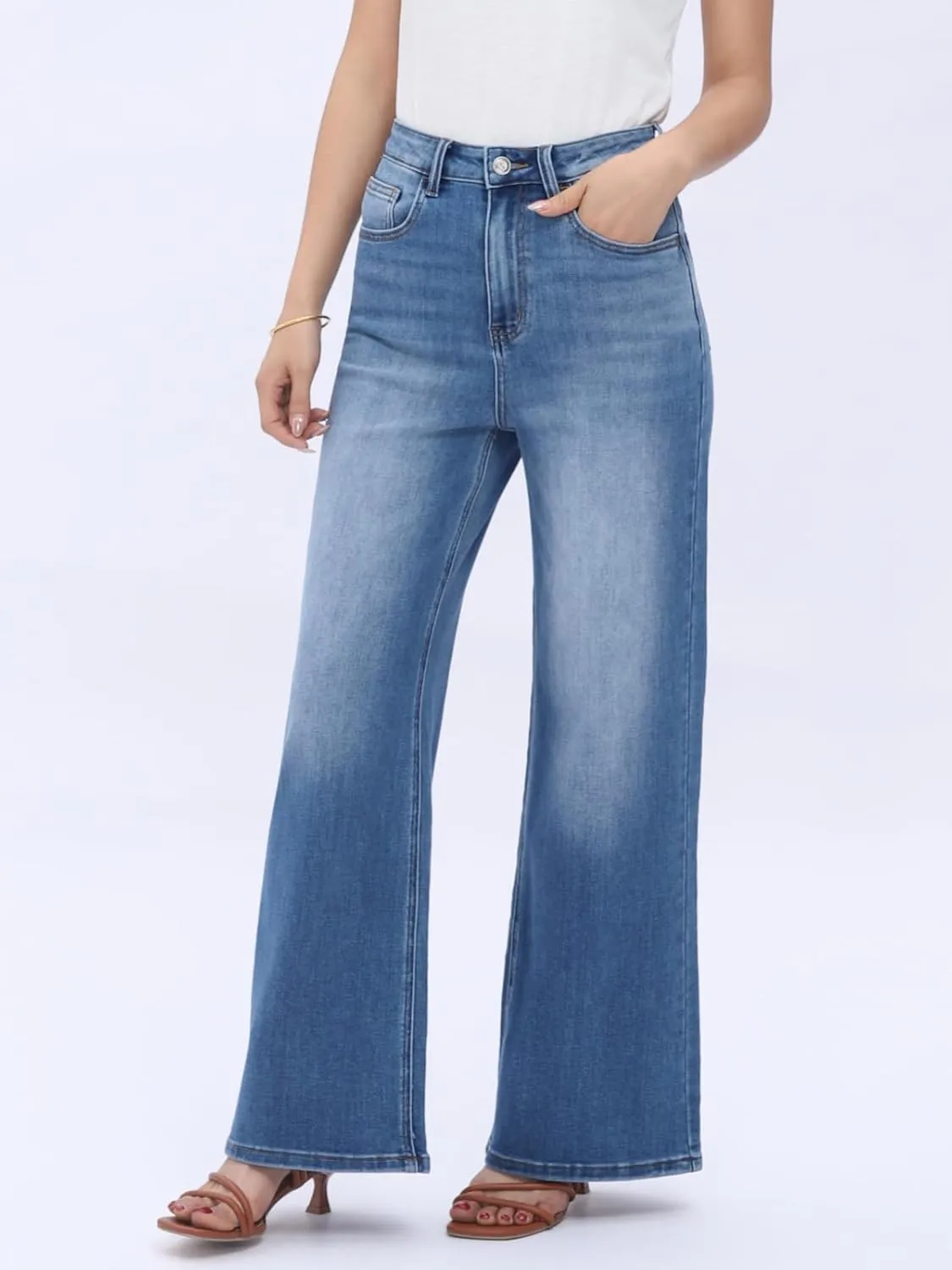 High Waist Stretchy Wide Leg Jeans for Women Basic Straight Denim Pants Raw Hem Underwear Trouser