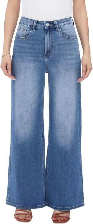 High Waist Stretchy Wide Leg Jeans for Women Basic Straight Denim Pants Raw Hem Underwear Trouser