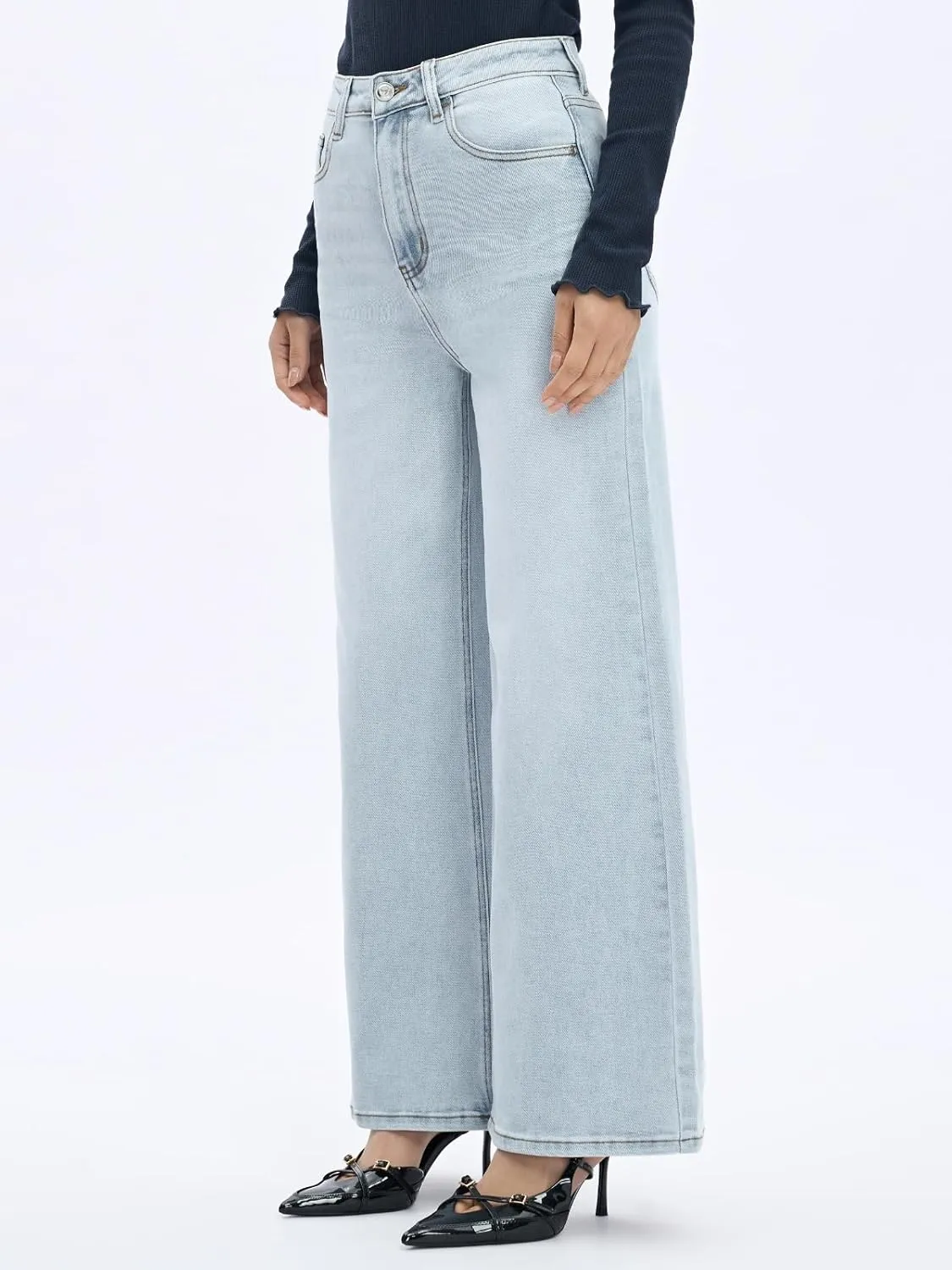 High Waist Stretchy Wide Leg Jeans for Women Basic Straight Denim Pants Raw Hem Underwear Trouser