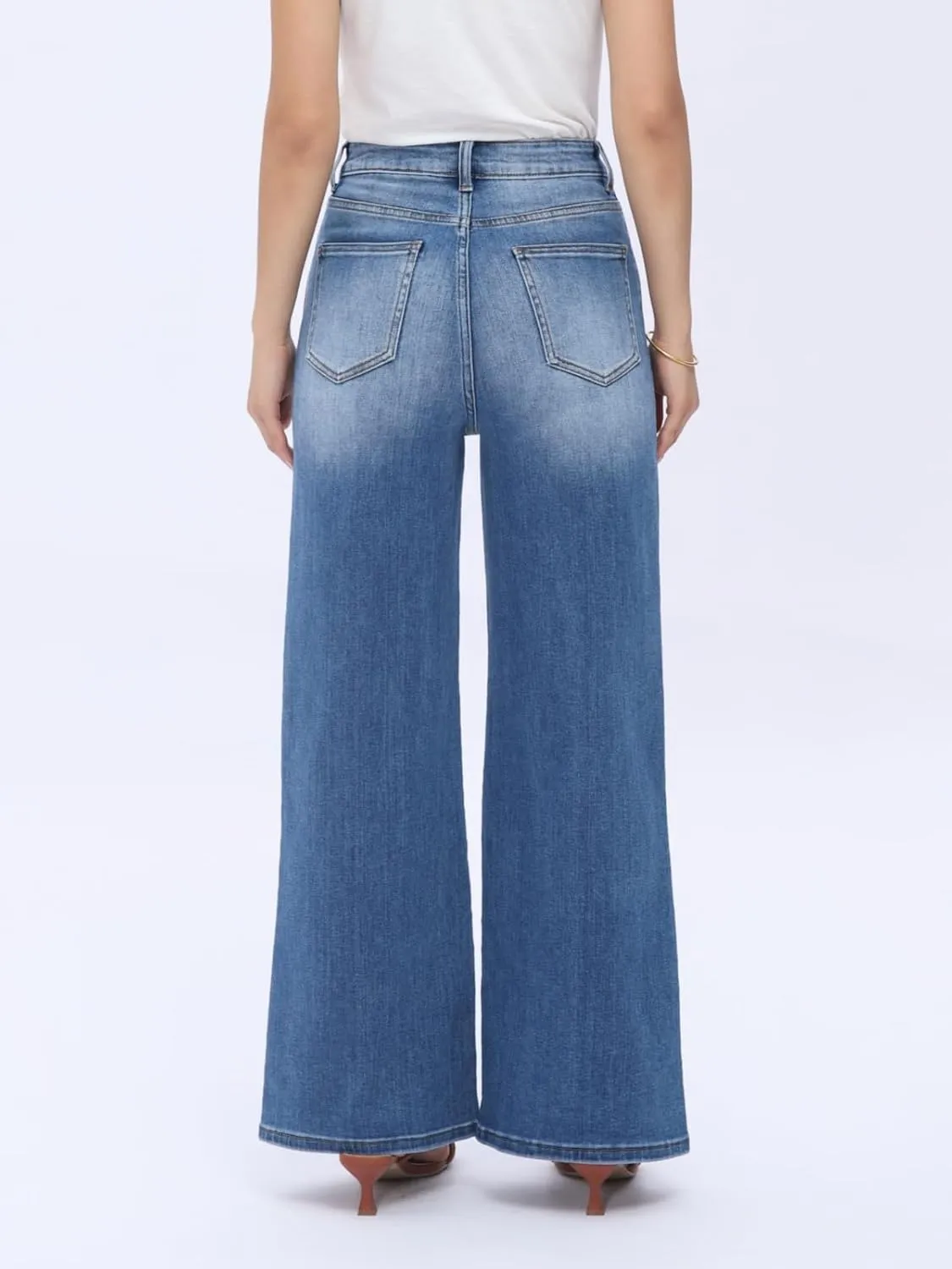 High Waist Stretchy Wide Leg Jeans for Women Basic Straight Denim Pants Raw Hem Underwear Trouser
