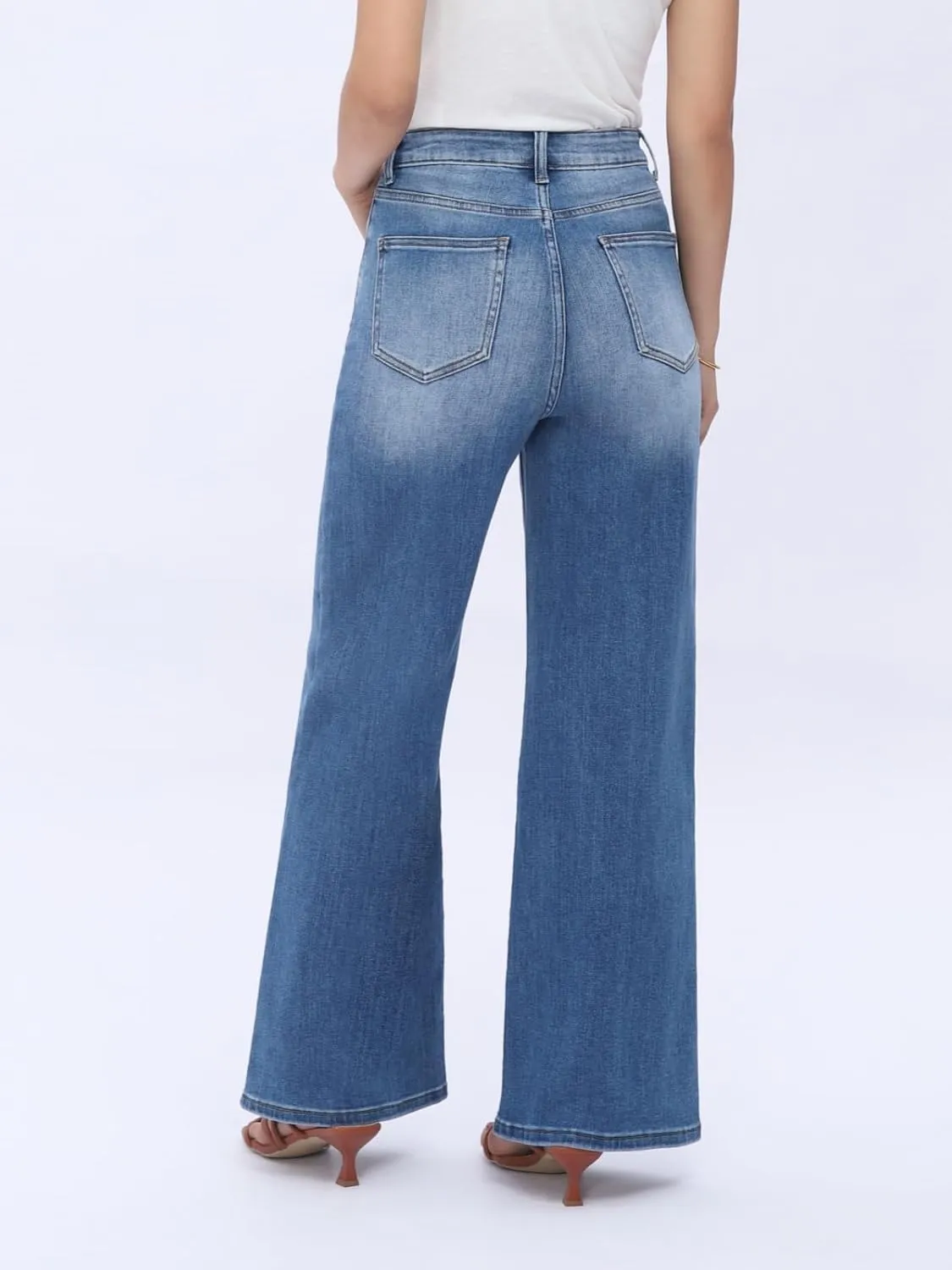 High Waist Stretchy Wide Leg Jeans for Women Basic Straight Denim Pants Raw Hem Underwear Trouser