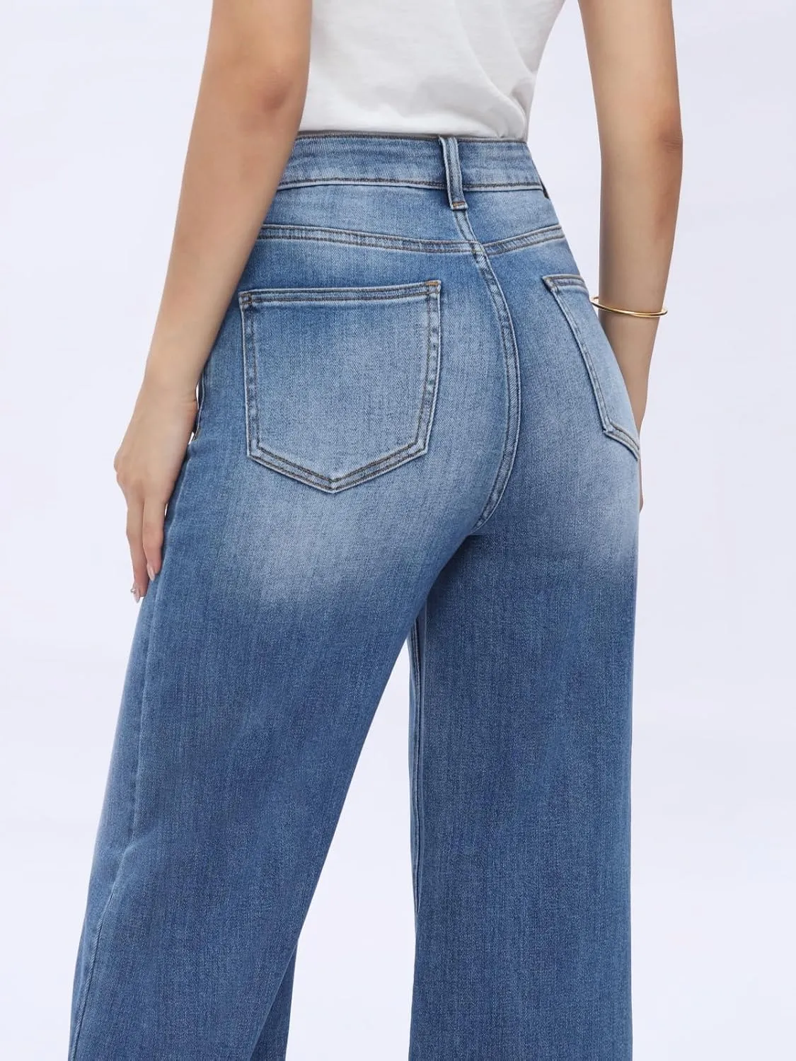 High Waist Stretchy Wide Leg Jeans for Women Basic Straight Denim Pants Raw Hem Underwear Trouser