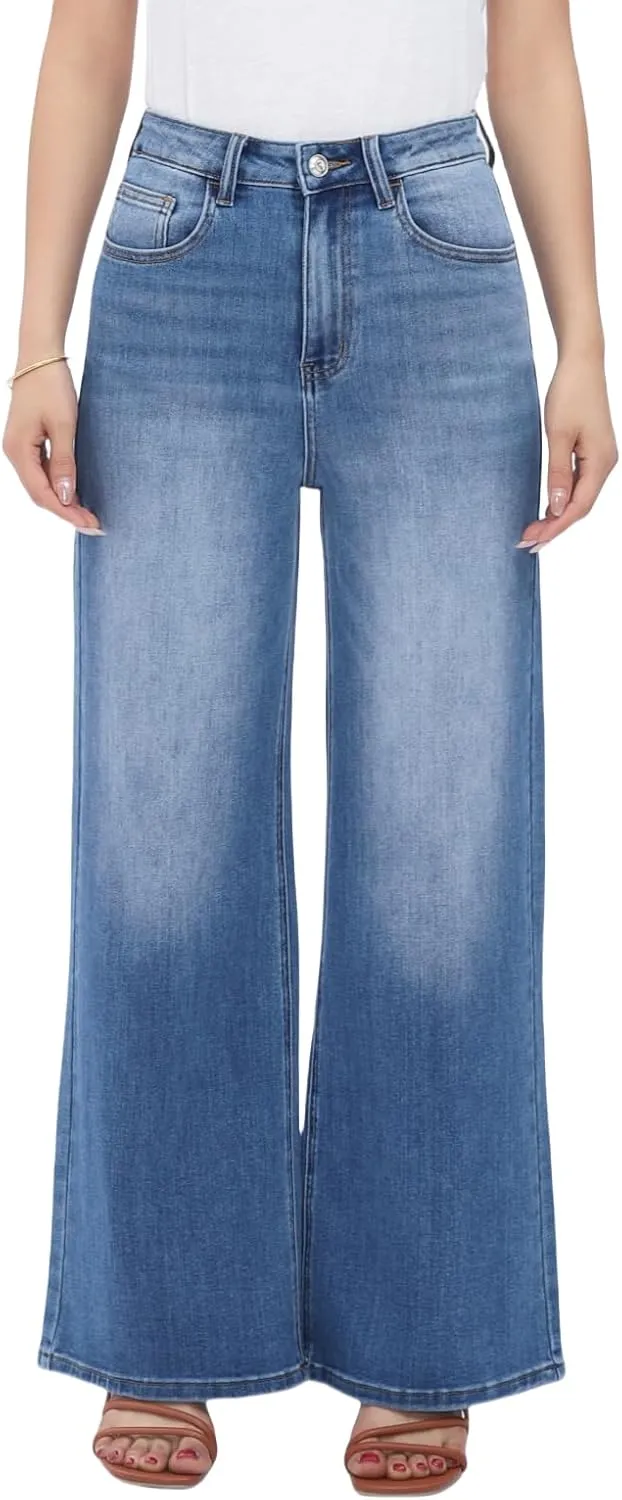 High Waist Stretchy Wide Leg Jeans for Women Basic Straight Denim Pants Raw Hem Underwear Trouser