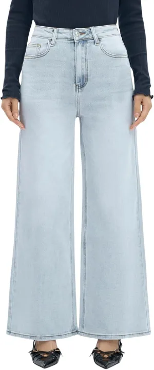 High Waist Stretchy Wide Leg Jeans for Women Basic Straight Denim Pants Raw Hem Underwear Trouser