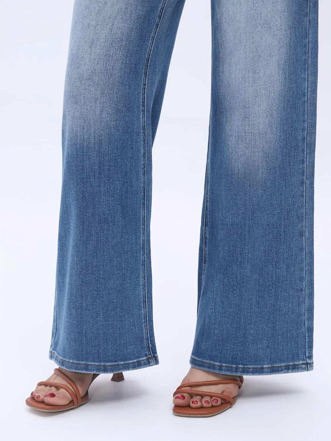High Waist Stretchy Wide Leg Jeans for Women Basic Straight Denim Pants Raw Hem Underwear Trouser