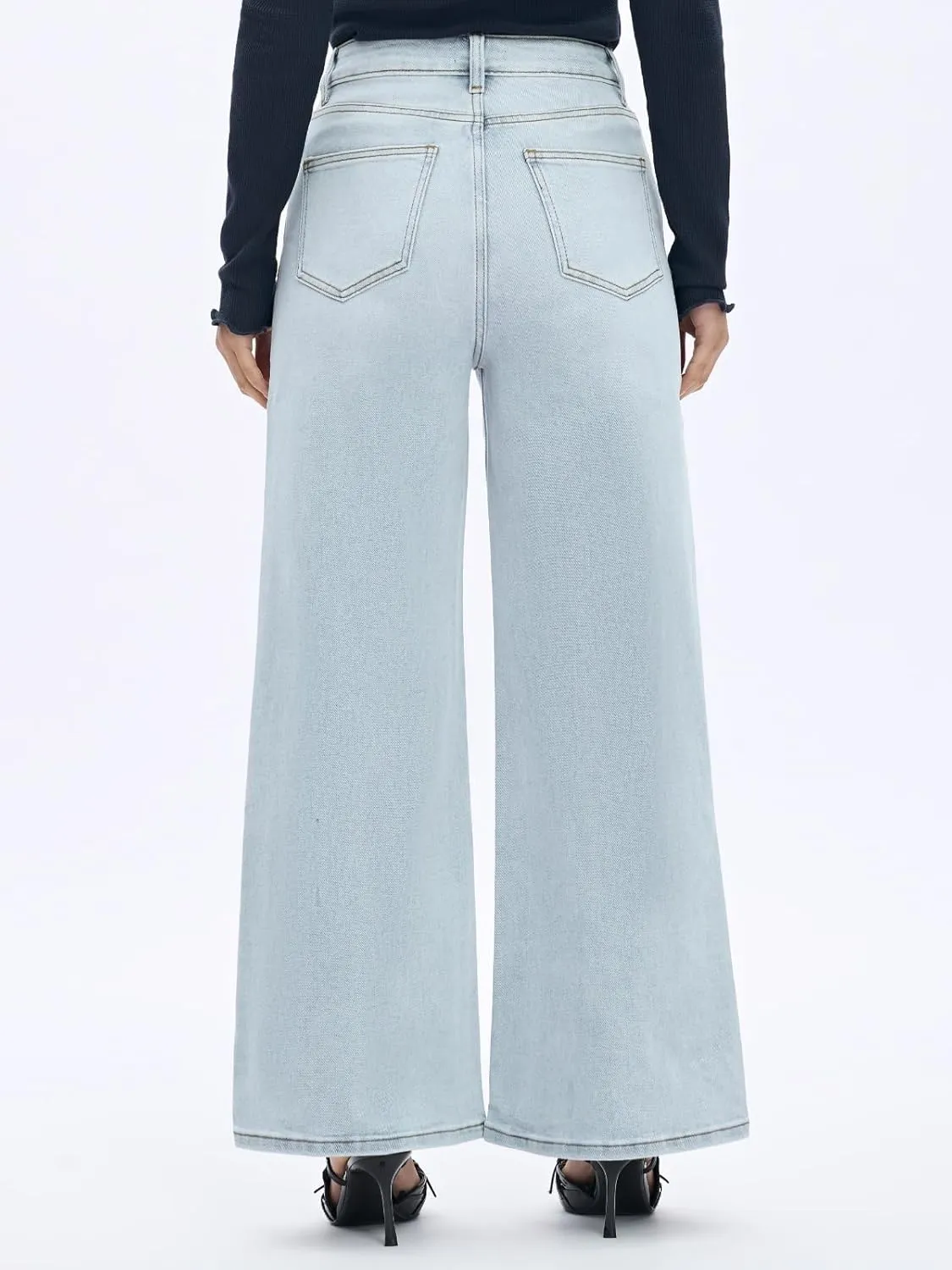 High Waist Stretchy Wide Leg Jeans for Women Basic Straight Denim Pants Raw Hem Underwear Trouser