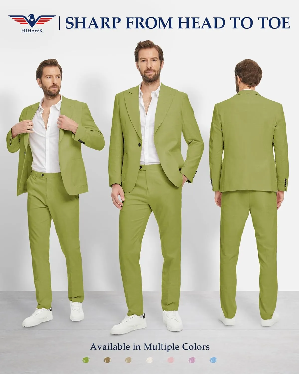 Hihawk Linen Suit for Men, 2 Pieces Casual Blazer and Pants, Summer Beach Wedding Suit Groomsmen Prom Tuxedo