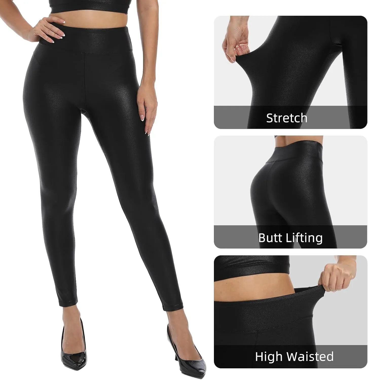 Hody Lovy Faux Leather Leggings for Women Leather Pants Tummy Control Pleather Legging Riding Breeches Tights
