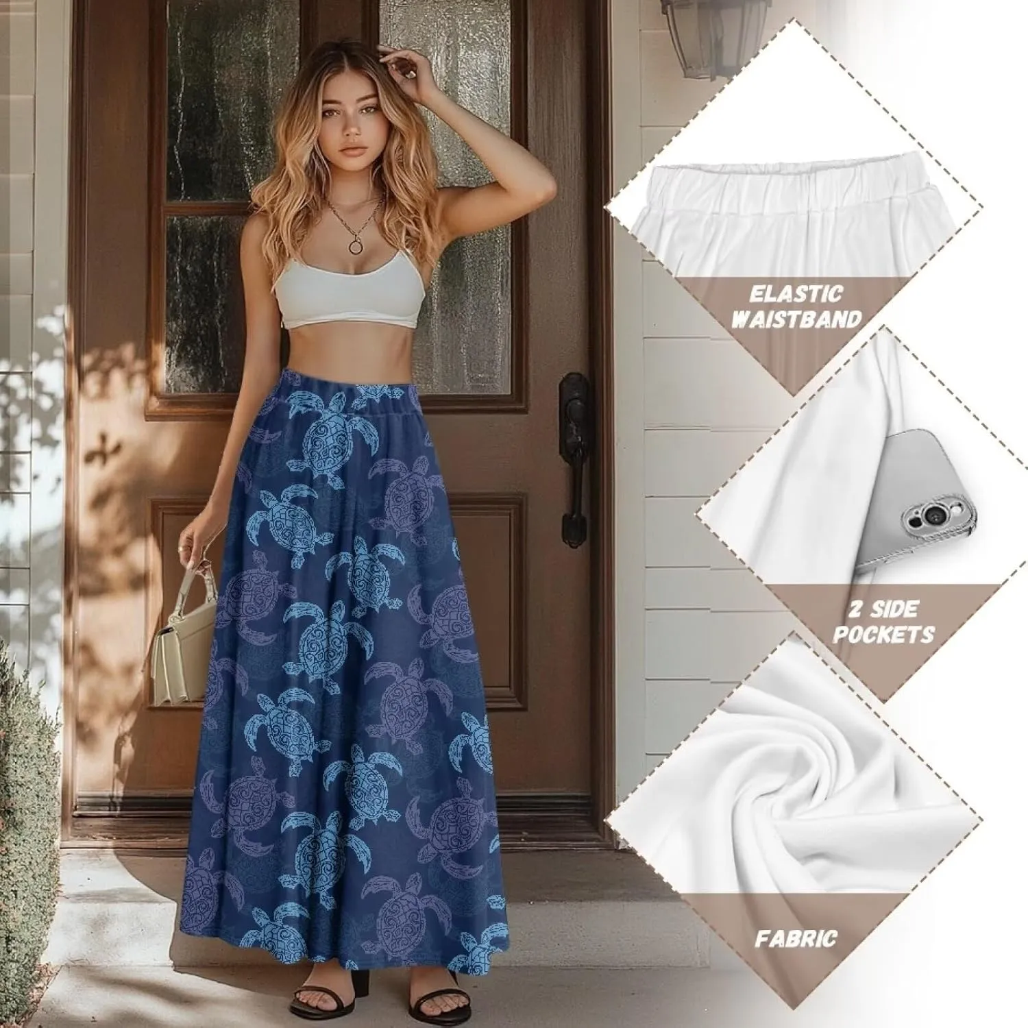 Irisjudy Women's Flare Long Maxi Skirt Magical Mushroom Casual Elastic Waisted Pleated Skirt Tie Dye Long Skirt with Pockets
