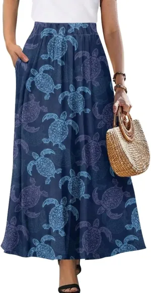 Irisjudy Women's Flare Long Maxi Skirt Magical Mushroom Casual Elastic Waisted Pleated Skirt Tie Dye Long Skirt with Pockets
