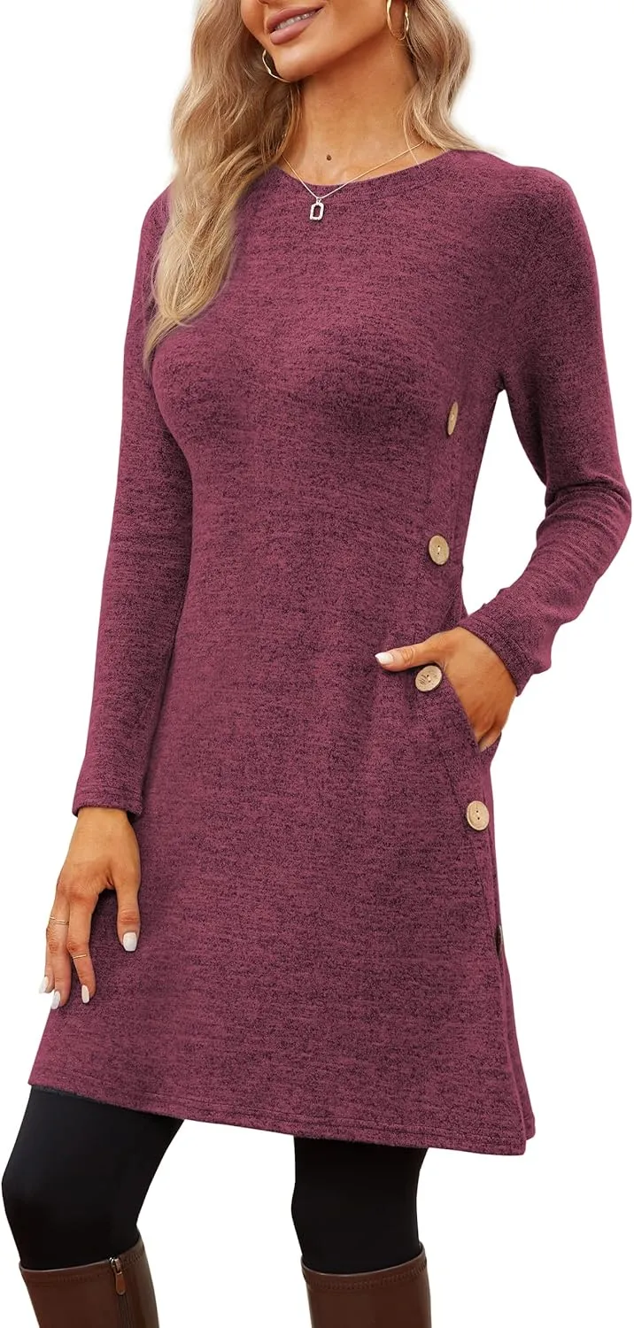 Jar of Love Women's Long Sleeve Scoop Neck Button Side Causal Fall Dress with Pockets