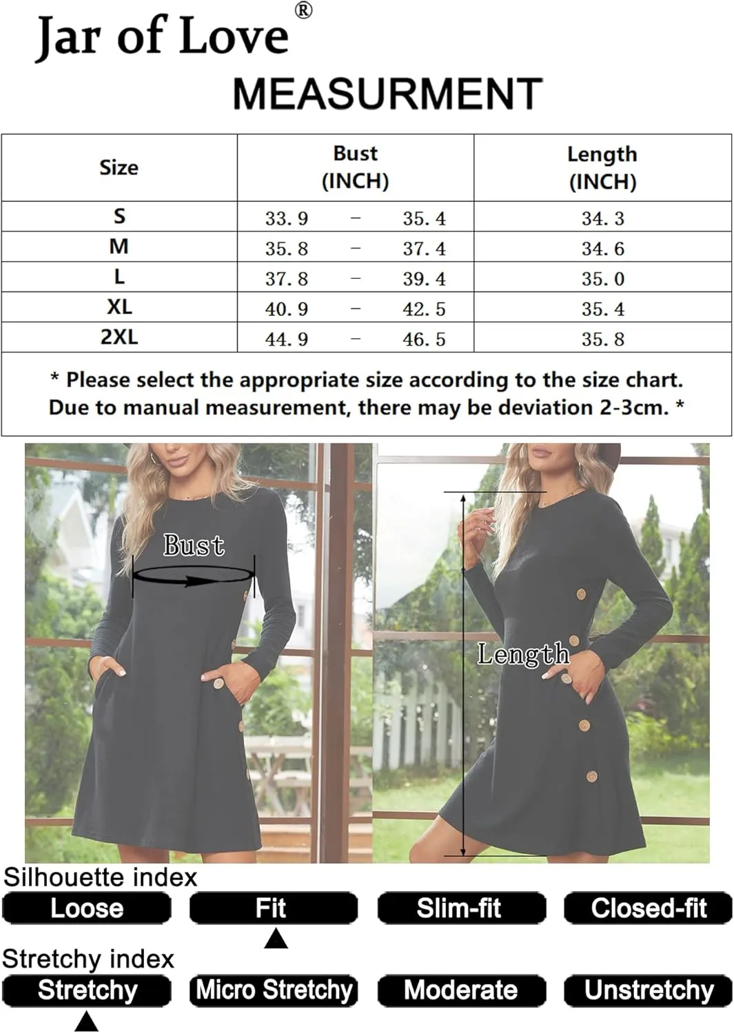 Jar of Love Women's Long Sleeve Scoop Neck Button Side Causal Fall Dress with Pockets