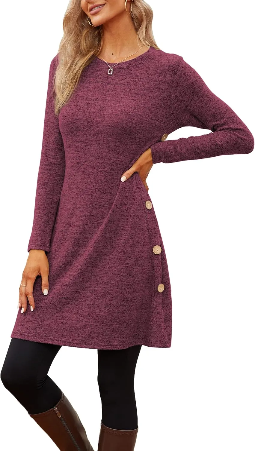 Jar of Love Women's Long Sleeve Scoop Neck Button Side Causal Fall Dress with Pockets