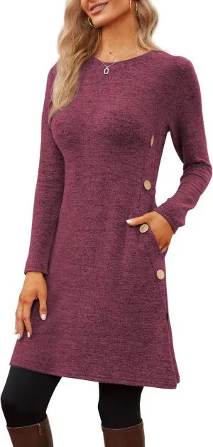 Jar of Love Women's Long Sleeve Scoop Neck Button Side Causal Fall Dress with Pockets