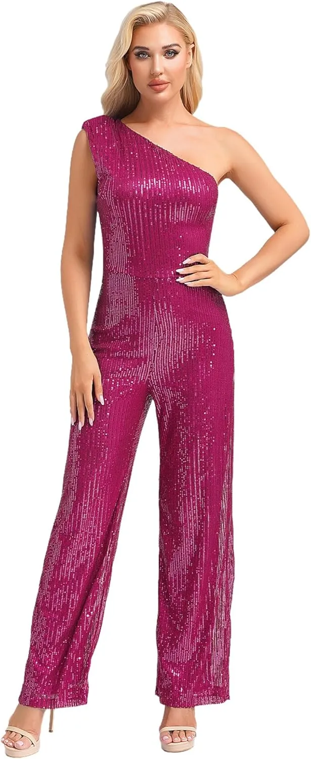 Jelory Formal Jumpsuit for Women Dressy Elegant Sparkle Sequins Long Straight Pants Romper Cocktail Party Clubwear