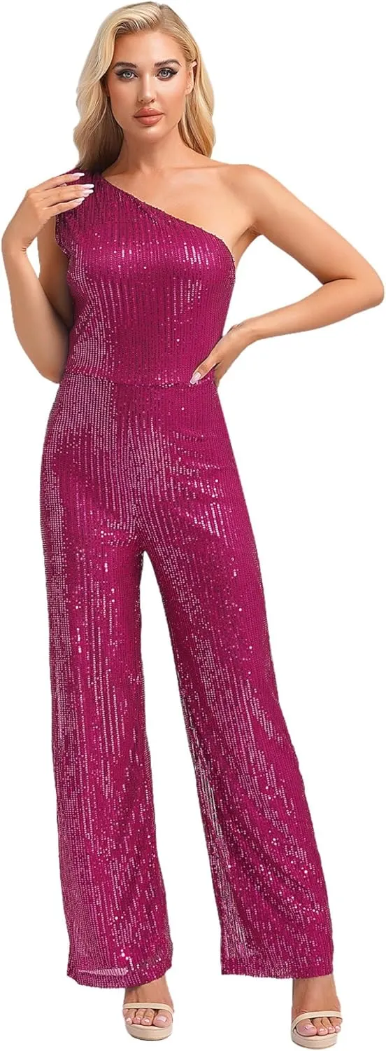 Jelory Formal Jumpsuit for Women Dressy Elegant Sparkle Sequins Long Straight Pants Romper Cocktail Party Clubwear
