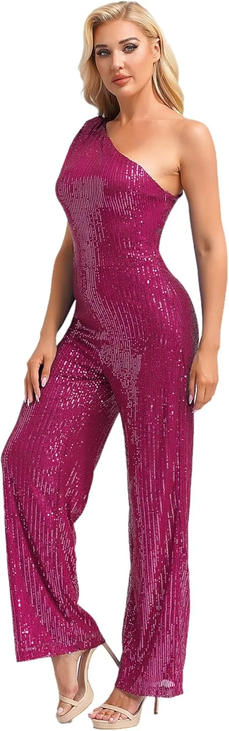 Jelory Formal Jumpsuit for Women Dressy Elegant Sparkle Sequins Long Straight Pants Romper Cocktail Party Clubwear