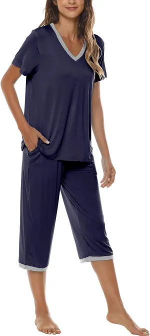 JINSHI Women's Pajamas Set Short Sleeve Top and Capri Pants Lightweight Sleepwear Comfy Pjs Lounge Set with Pockets