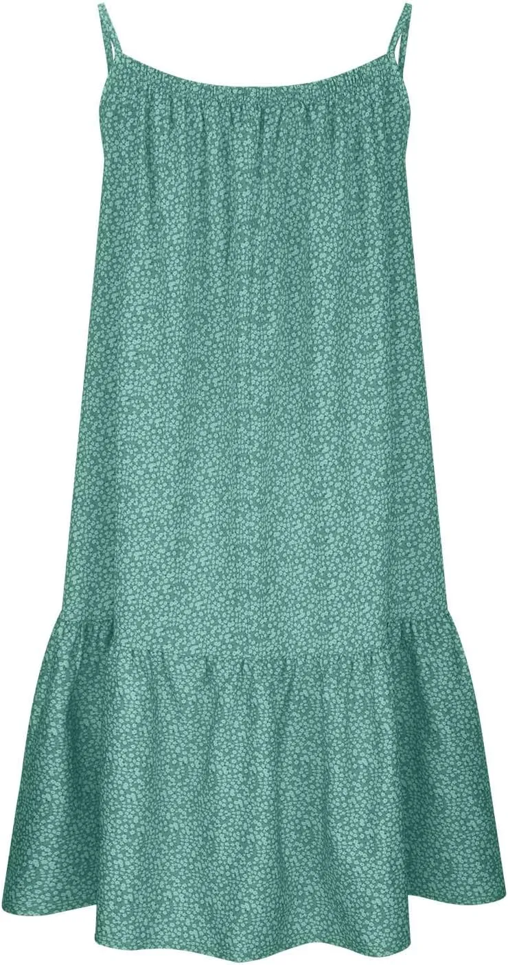 JOAU Womens Boho Printed Short Dress Summer Sleeveless Scoop Neck Spaghetti Strap Flowy Ruffle Hem Beach Casual Mini Dresses