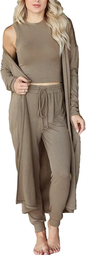 JTLB Women Pajamas Set Fall Winter Home Outfits Set 3 Piece Loungewear Set Vest Pants Cardigan Set (XXL)