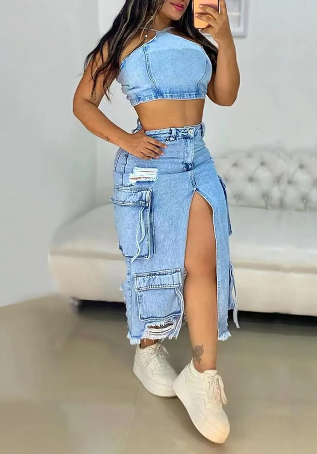 LAJIOJIO Fall Slit Denim Midi Skirt Women Ripped Stretch High Waist Front Split Frayed Raw Hem Long Jeans Cargo Skirts