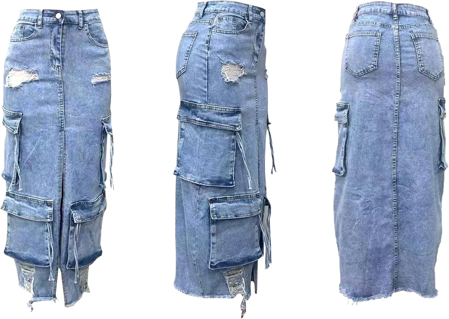 LAJIOJIO Fall Slit Denim Midi Skirt Women Ripped Stretch High Waist Front Split Frayed Raw Hem Long Jeans Cargo Skirts