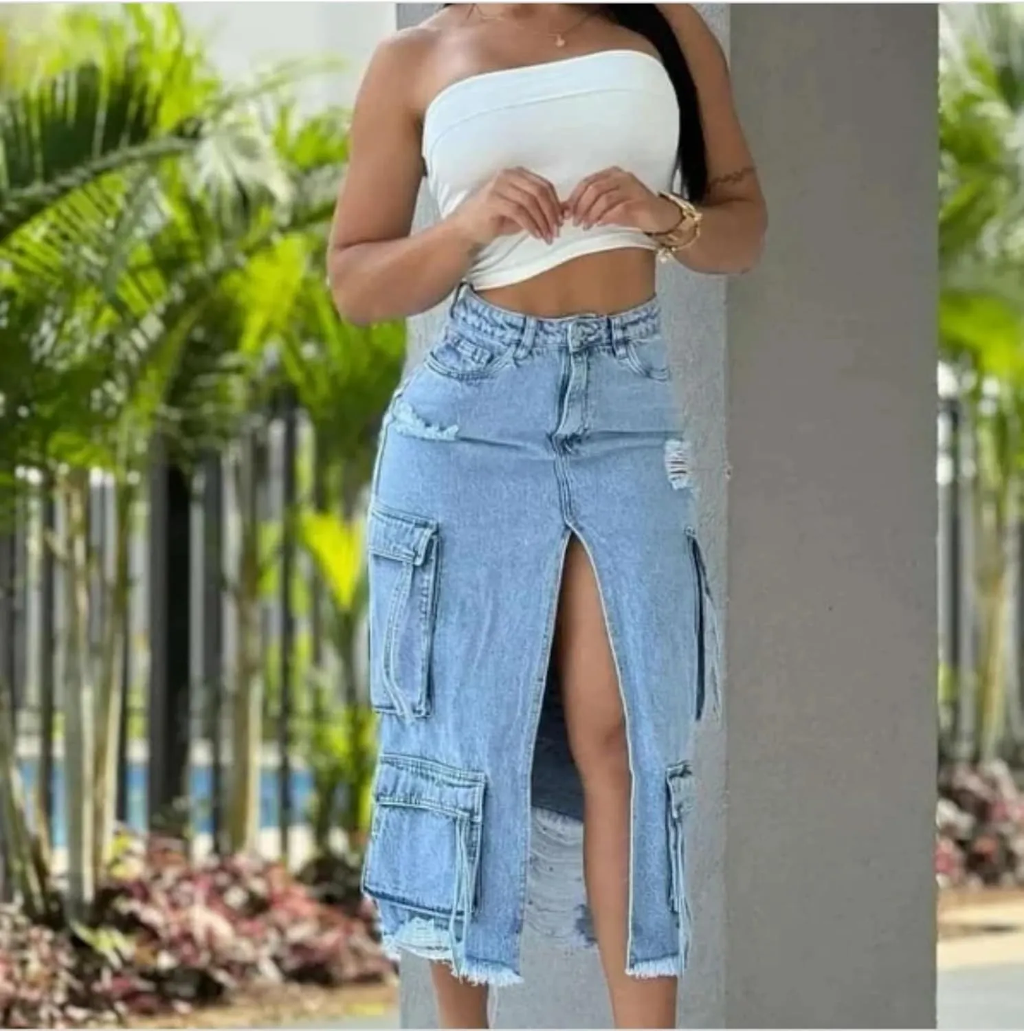 LAJIOJIO Fall Slit Denim Midi Skirt Women Ripped Stretch High Waist Front Split Frayed Raw Hem Long Jeans Cargo Skirts