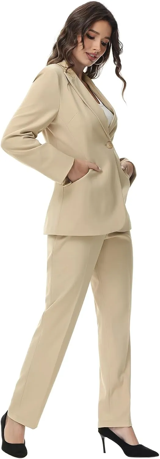 Lamgool Women Suit 2 Pieces Set One Button Lady's Business Formal Peak Lapel Blazer and Pants for Work