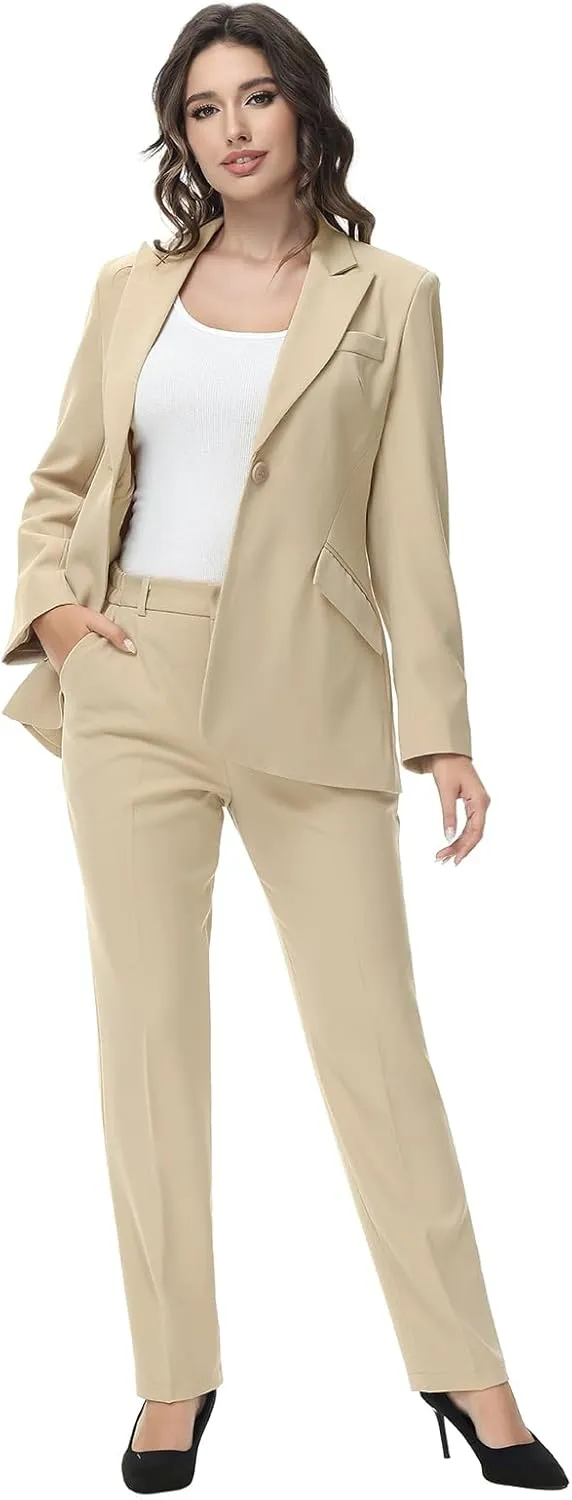 Lamgool Women Suit 2 Pieces Set One Button Lady's Business Formal Peak Lapel Blazer and Pants for Work