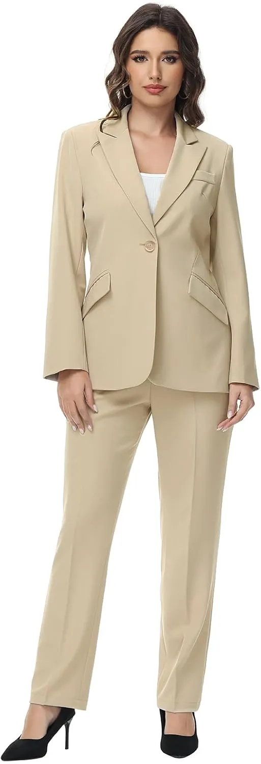 Lamgool Women Suit 2 Pieces Set One Button Lady's Business Formal Peak Lapel Blazer and Pants for Work