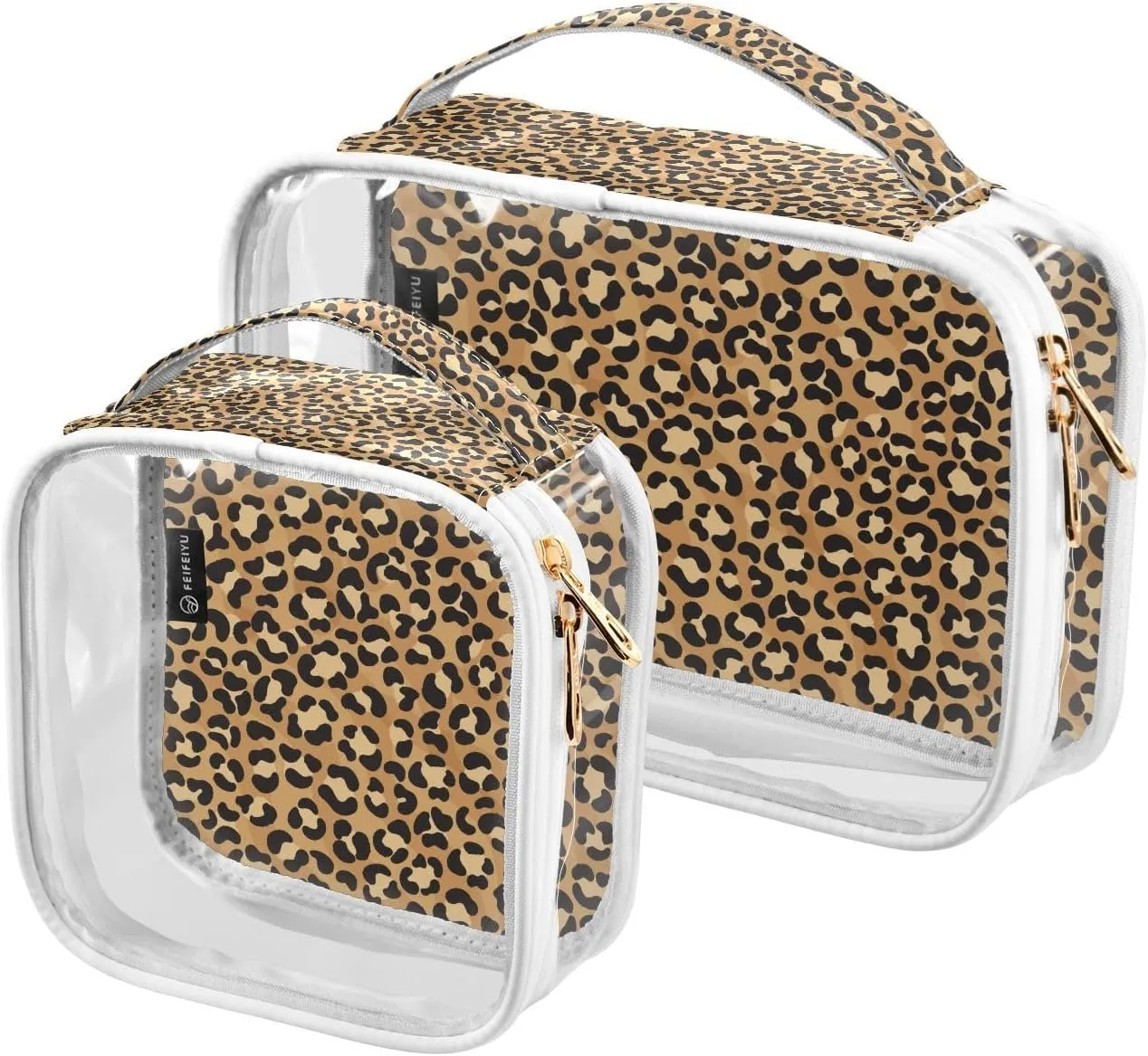 Leopard-print-skin-animal-pattern 2 Pack Clear Toiletry Bag Women Men, Portable Waterproof Clear Pouch, Cosmetic Bag with Double Zippers Large Opening Traveling with Handle for Bathroom Traveling Vaca