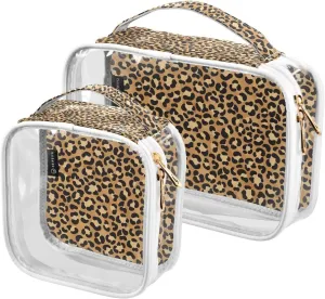 Leopard-print-skin-animal-pattern 2 Pack Clear Toiletry Bag Women Men, Portable Waterproof Clear Pouch, Cosmetic Bag with Double Zippers Large Opening Traveling with Handle for Bathroom Traveling Vaca