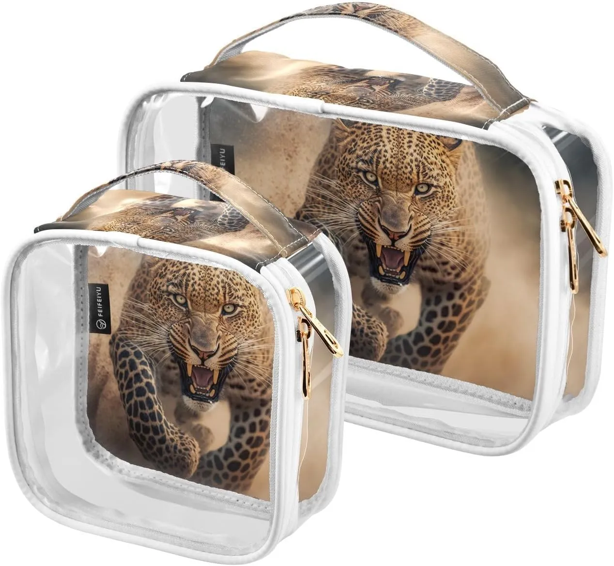 Leopard-running-print 2 Pack Clear Toiletry Bag Women Men, Portable Waterproof Clear Pouch, Cosmetic Bag with Double Zippers Large Opening Traveling with Handle for Bathroom Traveling Vacation Organiz