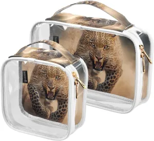Leopard-running-print 2 Pack Clear Toiletry Bag Women Men, Portable Waterproof Clear Pouch, Cosmetic Bag with Double Zippers Large Opening Traveling with Handle for Bathroom Traveling Vacation Organiz