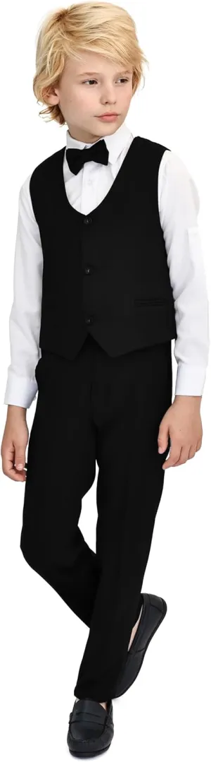 Lilax Boys Formal 4 Piece Dress Shirt, Pants and Tie and Vest Suit Set (12 Months, Black)