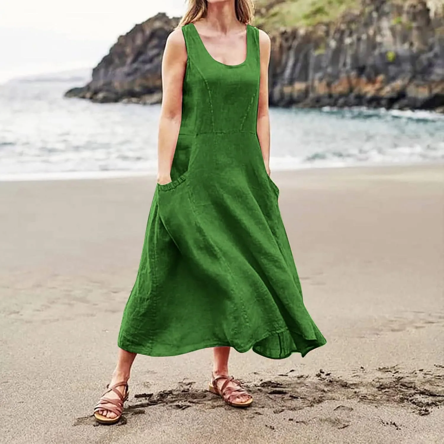Linen Dress Women Plus Size Summer Dresses 2025 Casual Solid Colour Sleeveless Cotton Linen Dress with Pocket