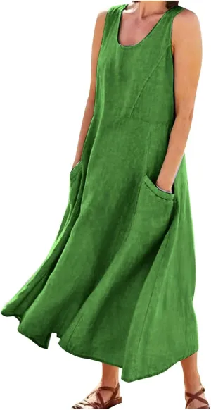 Linen Dress Women Plus Size Summer Dresses 2025 Casual Solid Colour Sleeveless Cotton Linen Dress with Pocket
