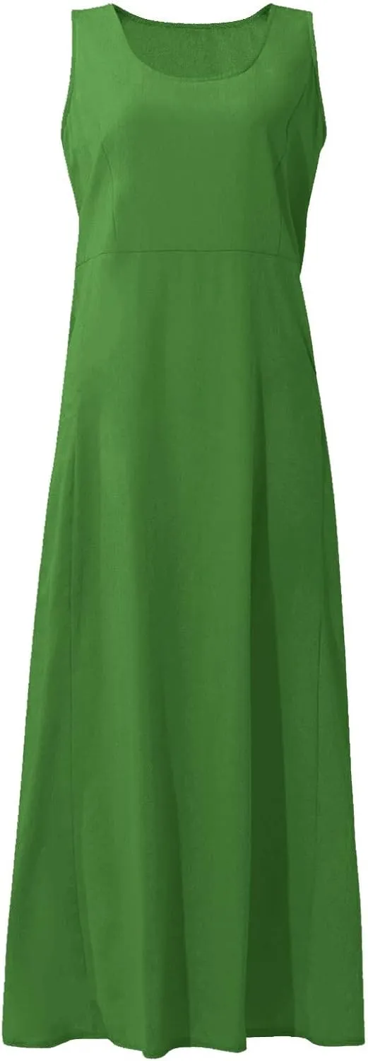 Linen Dress Women Plus Size Summer Dresses 2025 Casual Solid Colour Sleeveless Cotton Linen Dress with Pocket