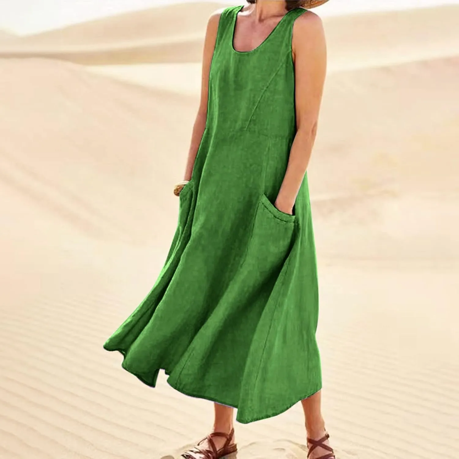 Linen Dress Women Plus Size Summer Dresses 2025 Casual Solid Colour Sleeveless Cotton Linen Dress with Pocket