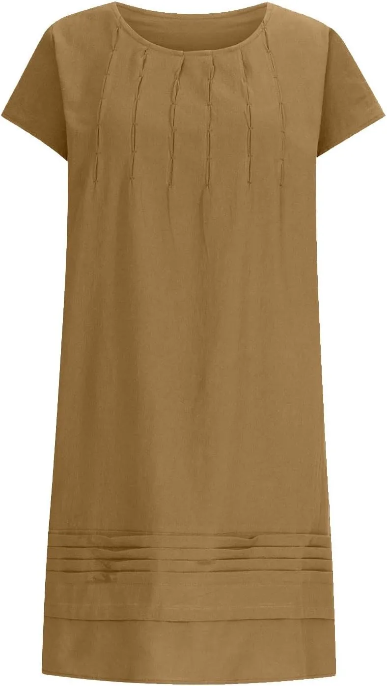 Linen Dresses for Women 2025 Casual Pleated Sundresses Loose Fit Solid Short Sleeve Mini Dress Beach Vacation Dress