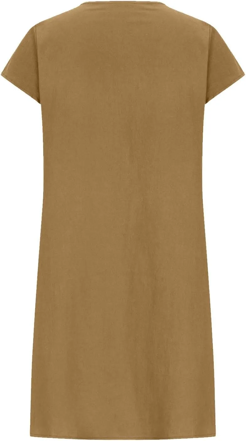 Linen Dresses for Women 2025 Casual Pleated Sundresses Loose Fit Solid Short Sleeve Mini Dress Beach Vacation Dress