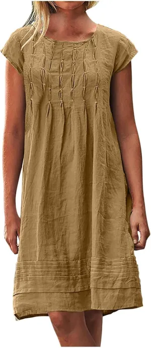 Linen Dresses for Women 2025 Casual Pleated Sundresses Loose Fit Solid Short Sleeve Mini Dress Beach Vacation Dress