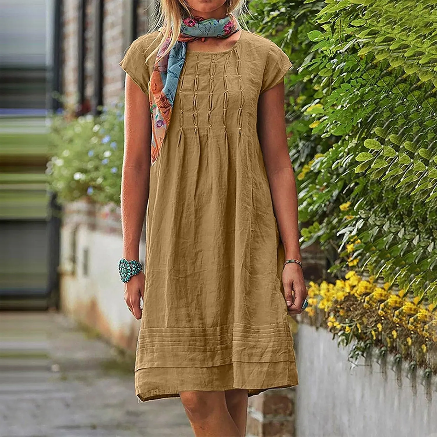 Linen Dresses for Women 2025 Casual Pleated Sundresses Loose Fit Solid Short Sleeve Mini Dress Beach Vacation Dress