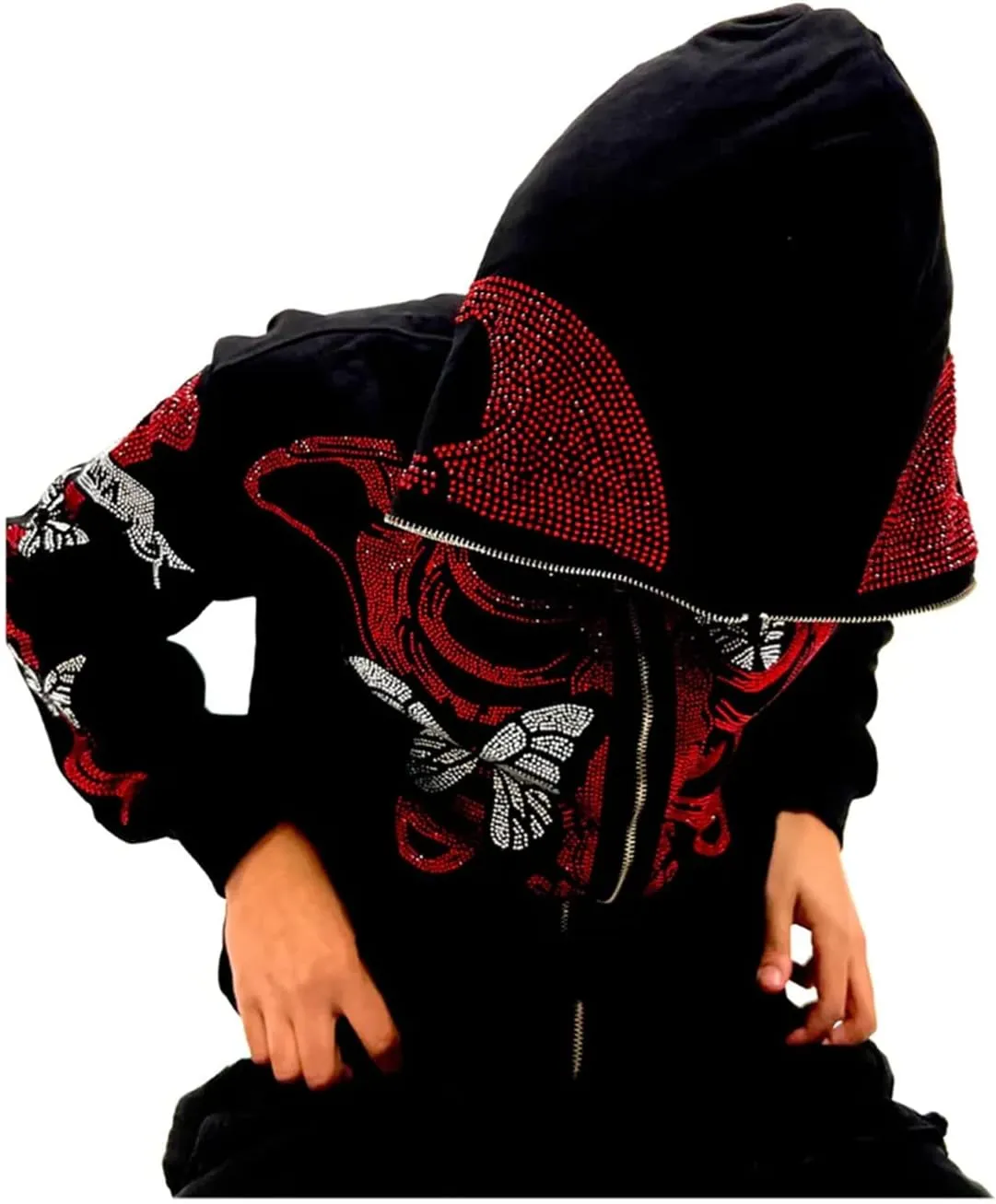 lisenraIn Unisex Men Women Halloween Hoodie Graphic Zip Up Sweatshirt Y2K Oversized Long Sleeve Rhinestone Skeleton Jacket