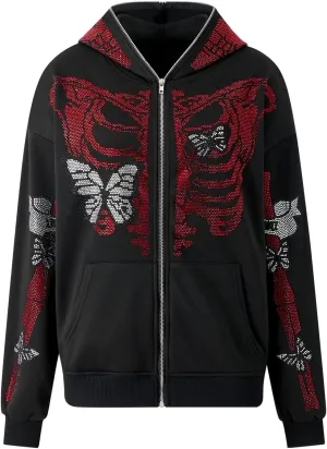 lisenraIn Unisex Men Women Halloween Hoodie Graphic Zip Up Sweatshirt Y2K Oversized Long Sleeve Rhinestone Skeleton Jacket